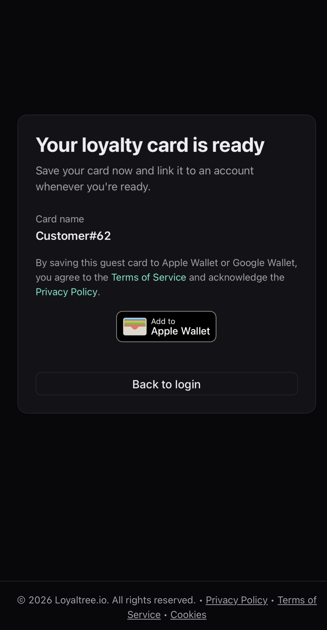Loyaltree loyalty card ready with Add to Apple Wallet button