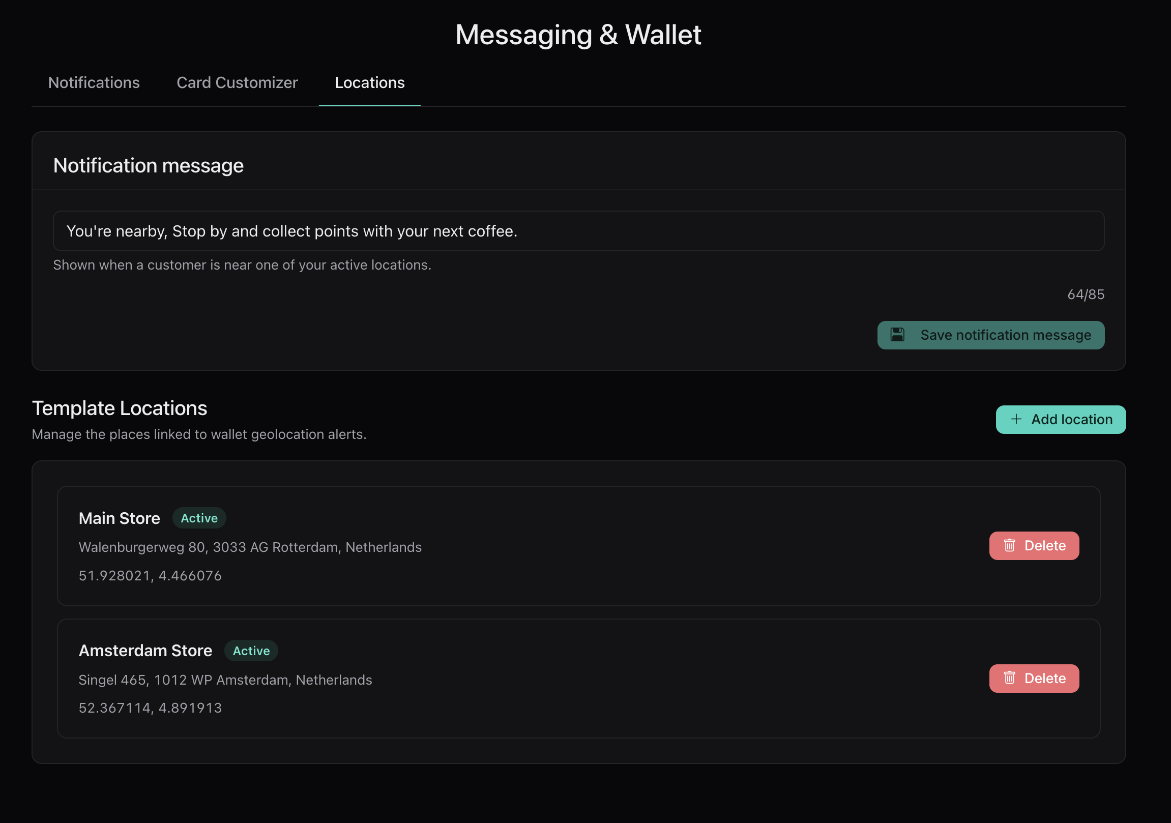 Loyaltree location notification settings