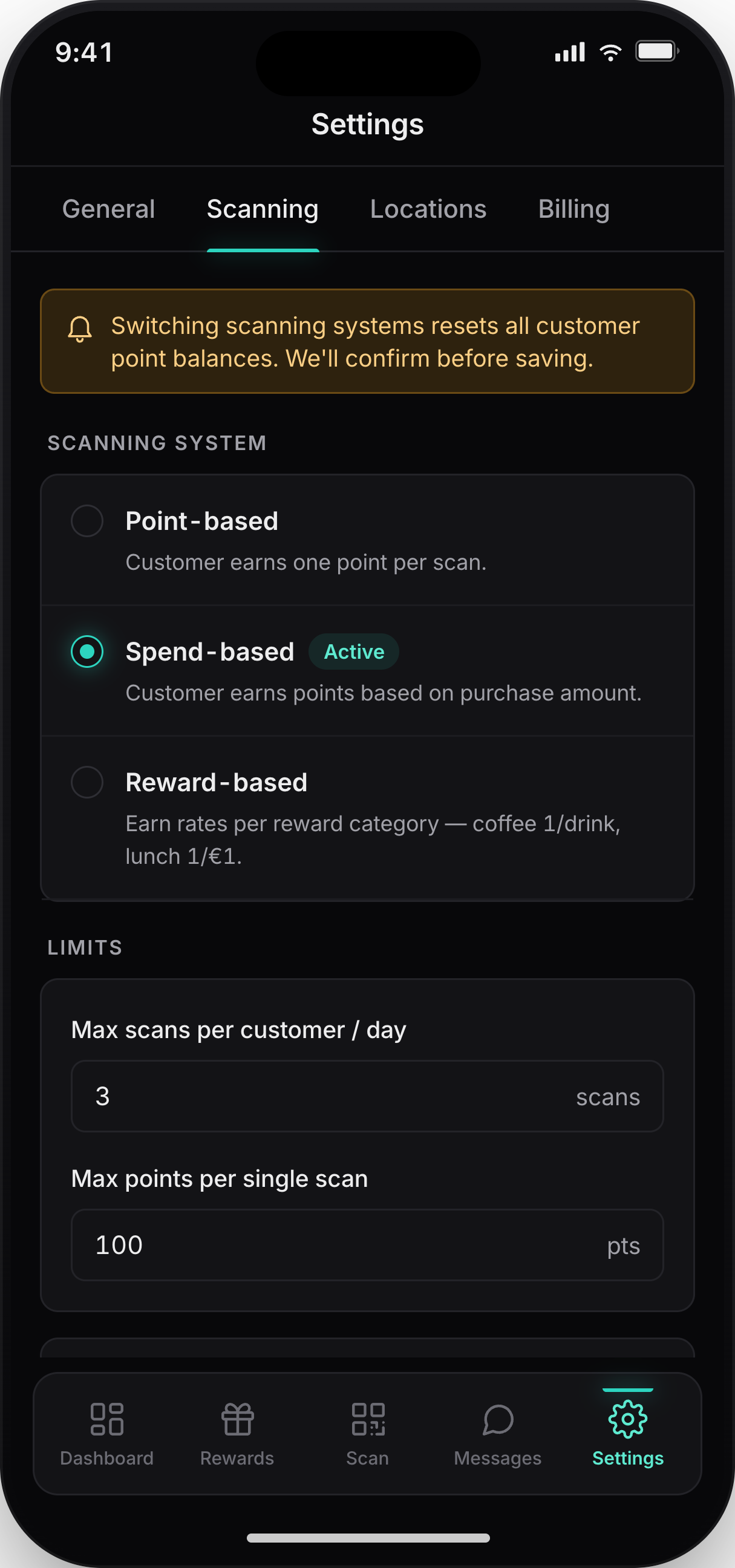 Loyaltree mobile scanner settings and scan limits