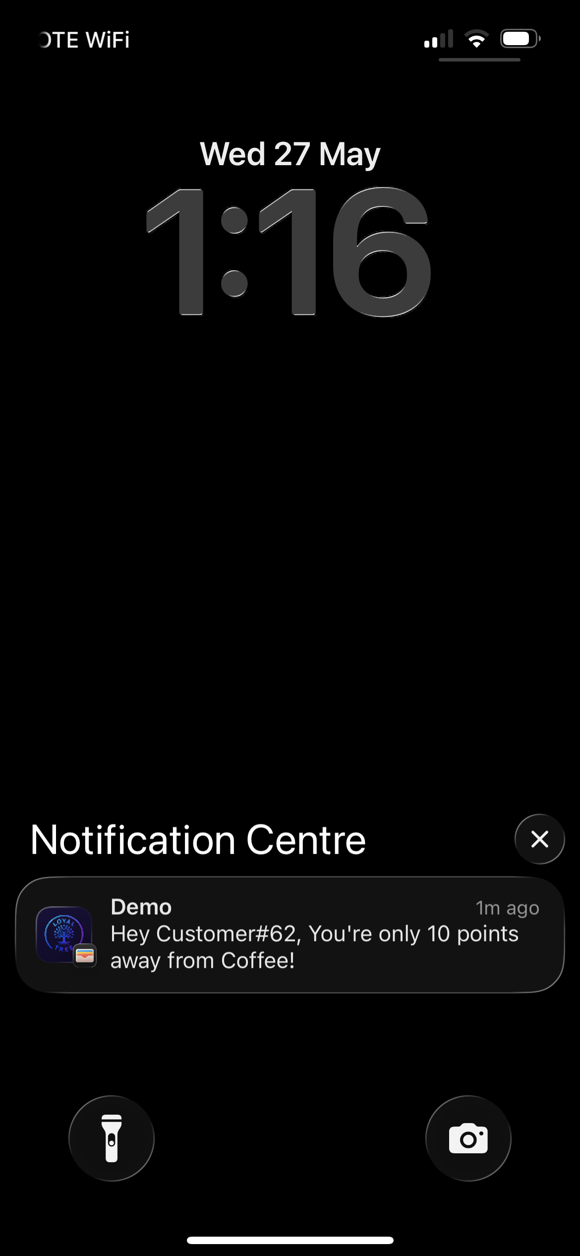 Loyaltree push notification on an iPhone lock screen